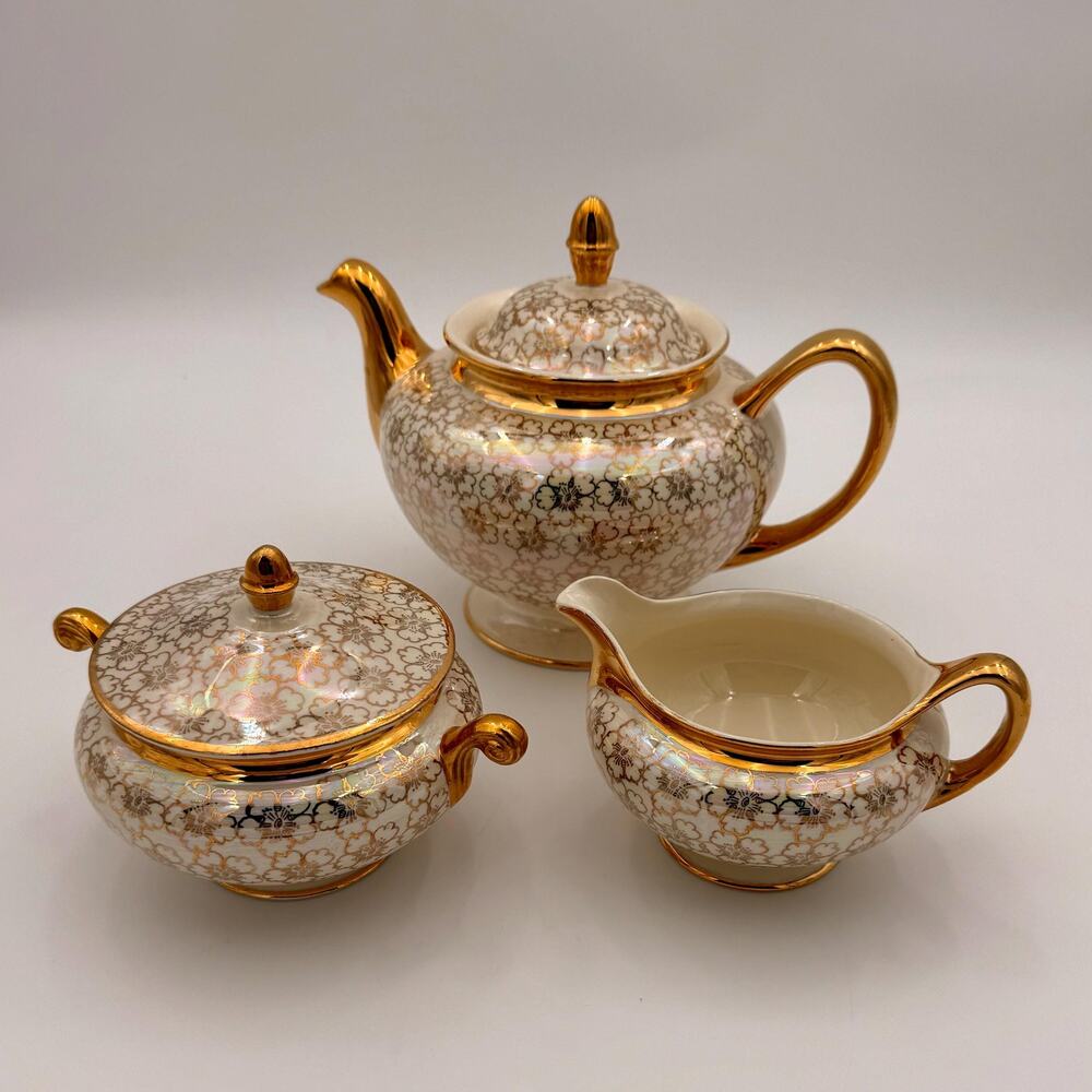 Vintage Geo Bowman Iridescent Porcelain Tea Set Gold Floral 3 Piece - Picture 2 of 16
